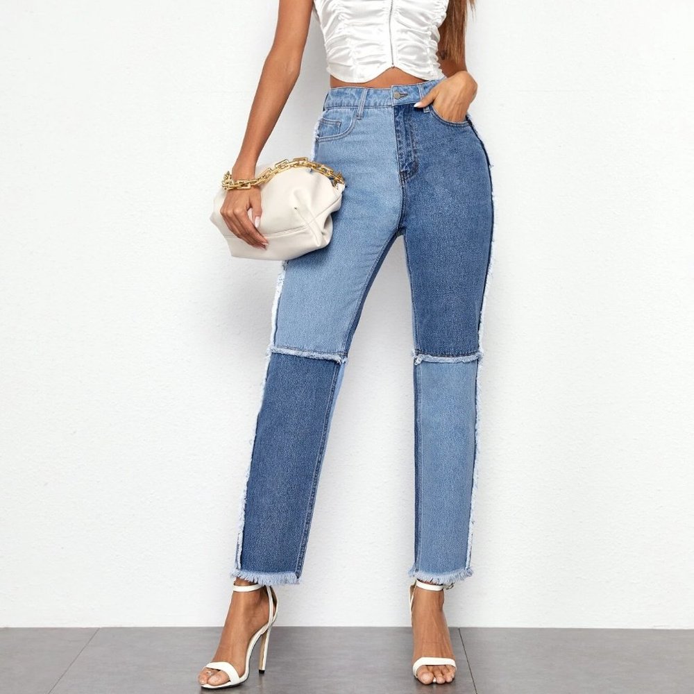 High Waisted Raw Hem Spliced Carrot Jeans
